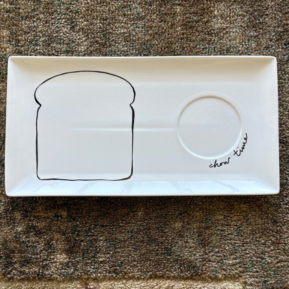 The Cellar Rectangular White Plate with Black Bread Design 12 inches by 7 inches